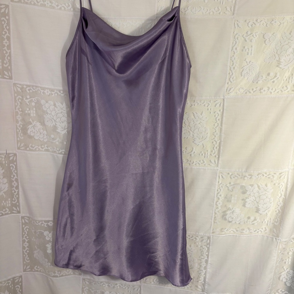 Lavender Purple Satin Cowl Neck Slinky Whimsy Mini Slip Dress Size M-L - Picture 9 of 12